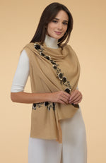 Camel Beige Floral Hand Embroidered Pure Cashmere Stole