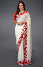 Ivory-Red Parsi Gara  Hand Embroidered Saree