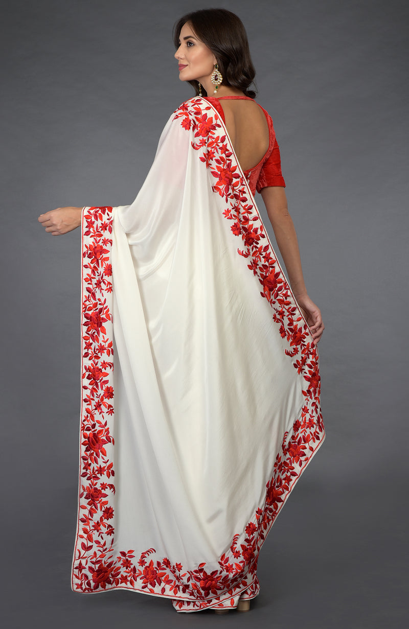 Ivory-Red Parsi Gara  Hand Embroidered Saree