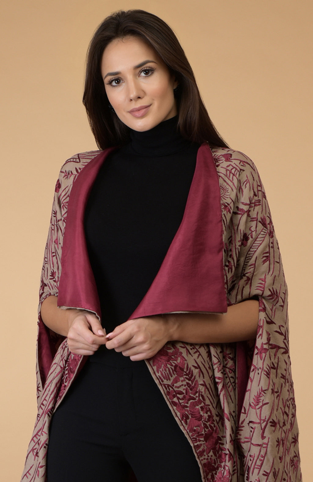 Pre-Order Beige-Wine Parsi Gara Pure Pashmina Shawl Cape – Talking Threads