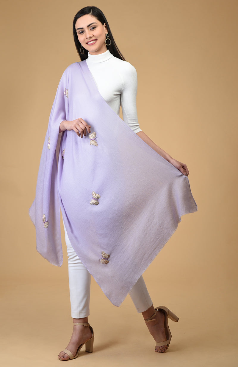 Lilac Butterfly Hand Embroidered Pure Cashmere Stole