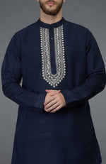 Navy Blue Asymmetric Kurta With Silver Tilla Embroidery