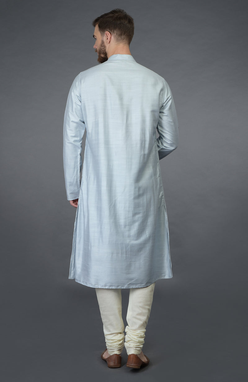 Powder Blue Kurta with Pintuck & Kantha Hand Embroidery