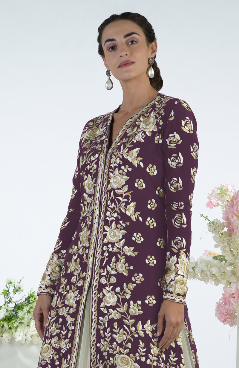 Plum Floral Parsi Gara Embroidered Jacket Set