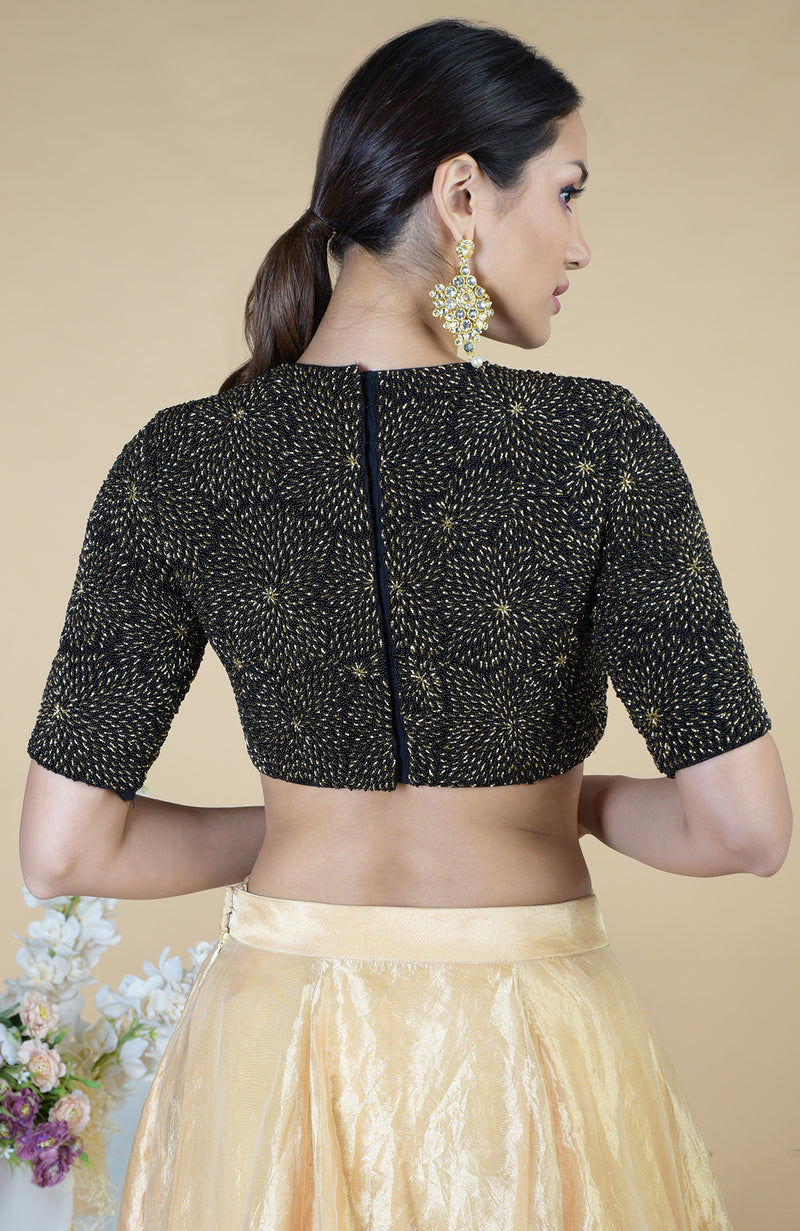Black-Gold Hand Embroidered Blouse With Gold Tissue Skirt – Talking Threads