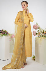 Gold Hand Embroidered Organza Dupatta With Raw Silk Kurta Set