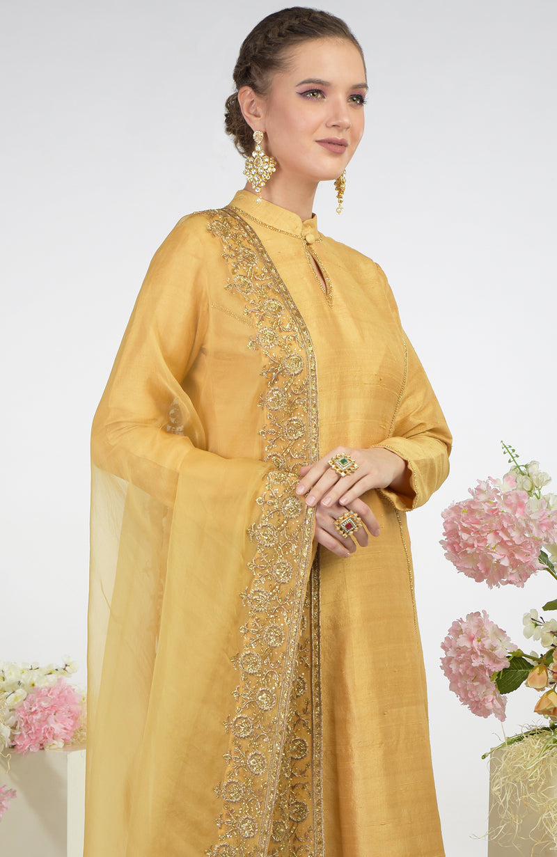 Gold Hand Embroidered Organza Dupatta With Raw Silk Kurta Set