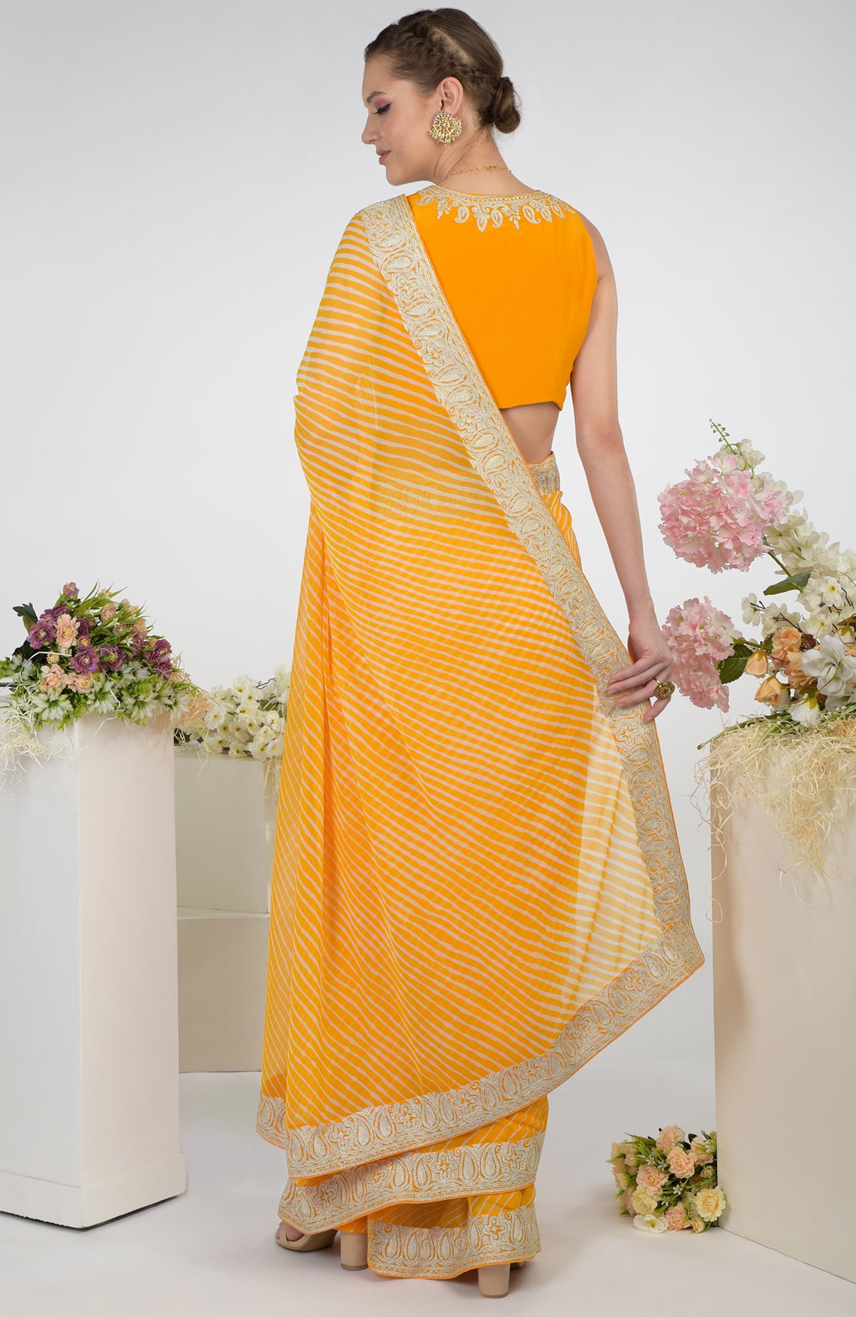 Shop Yellow Faux Georgette Leheriya Sari After Six Wear Online at Best  Price | Cbazaar