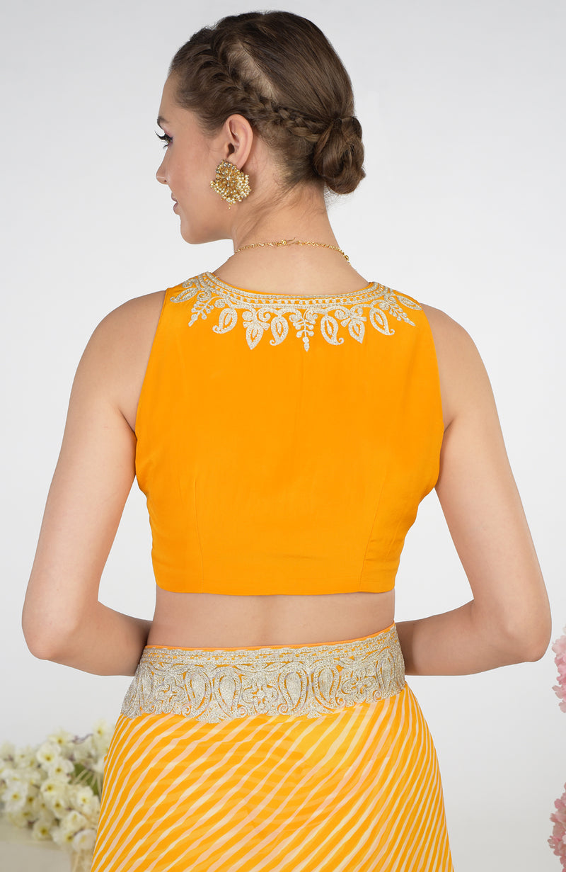 Yellow Leheriya Kashmiri Paisley Tilla Aari Embroidered Saree