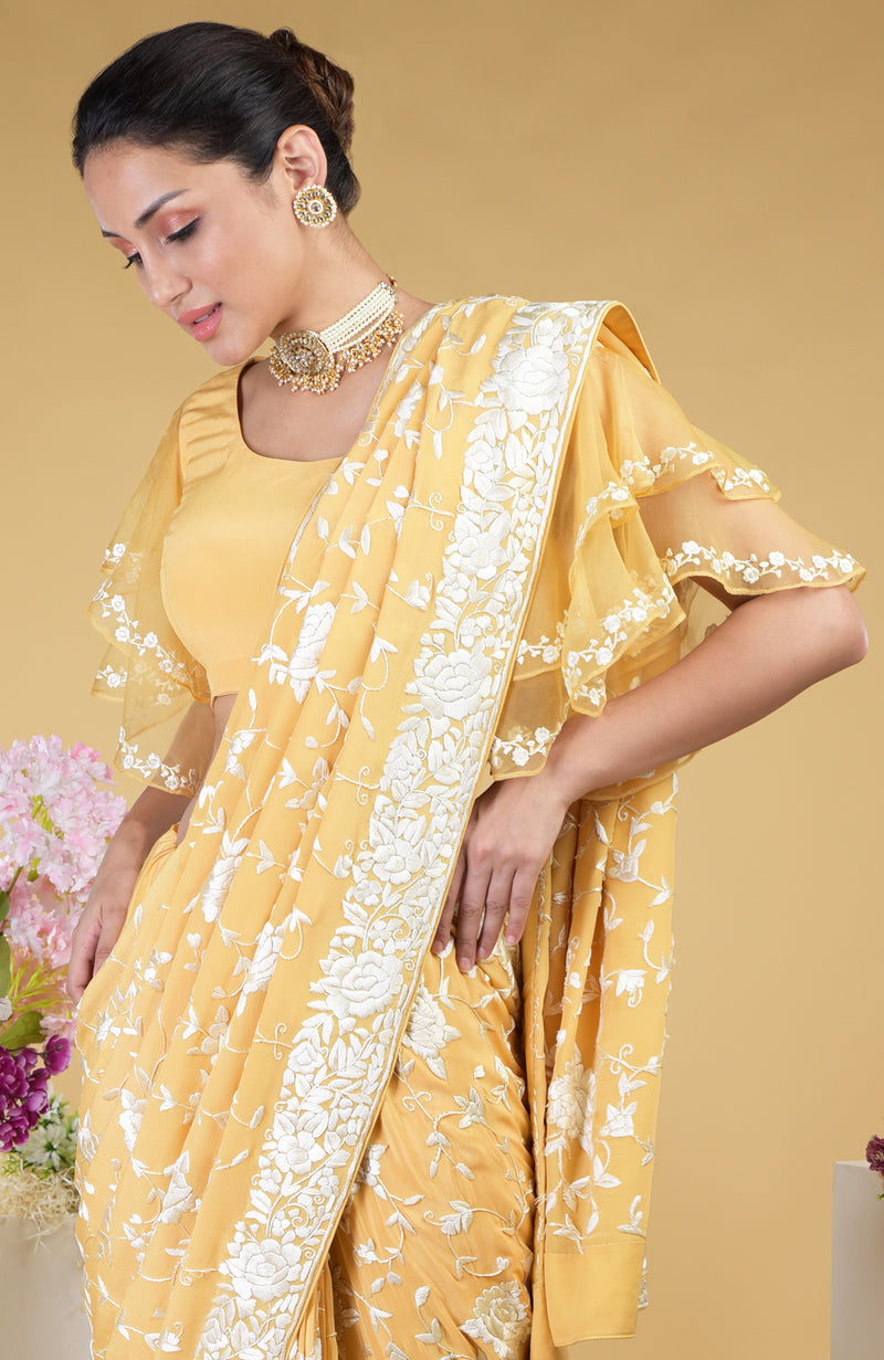 Shop Mango Yellow Katan Silk Banarasi Saree Online in USA |Zari Work – Pure  Elegance