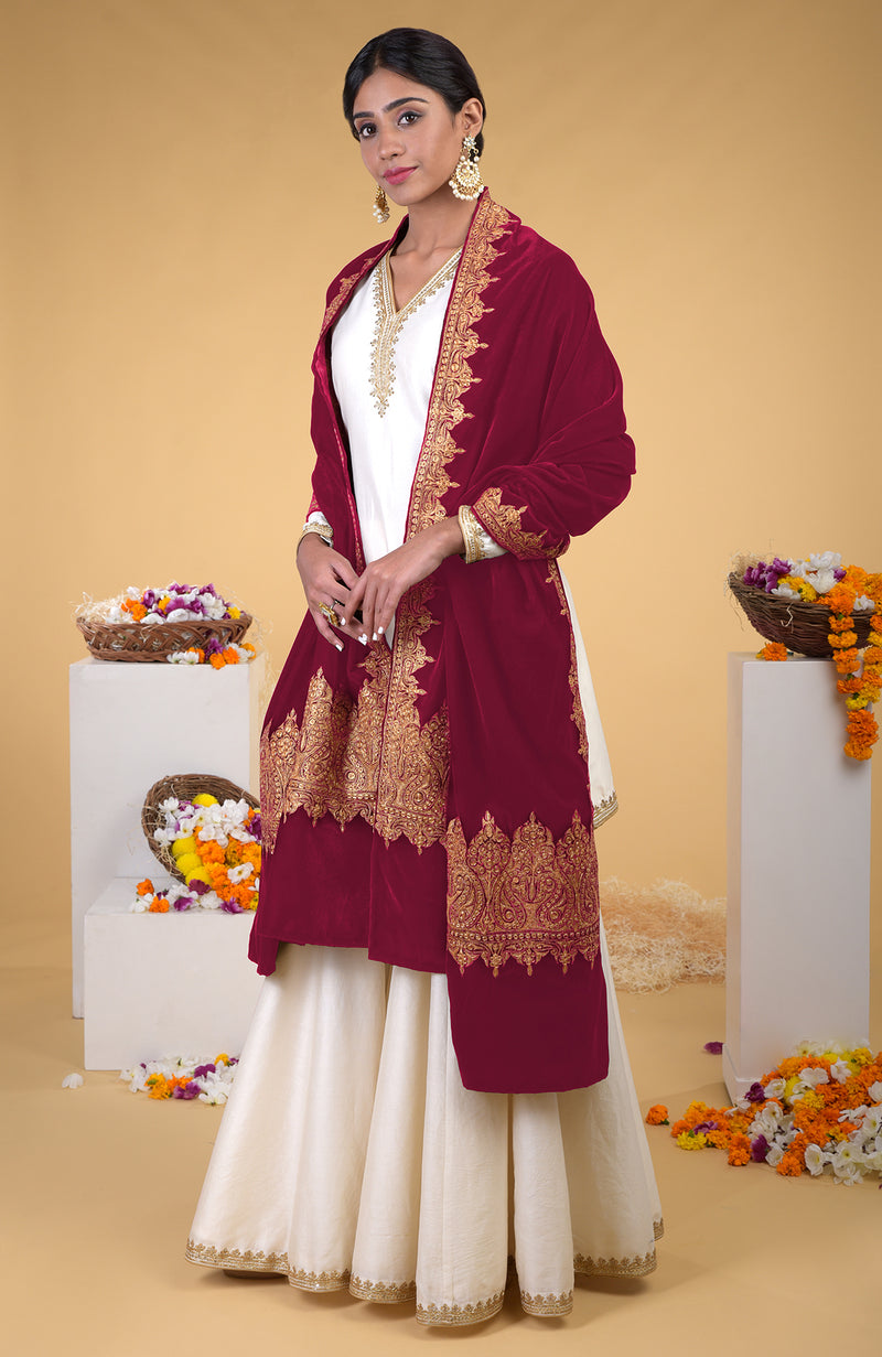 Claret Kashmiri Tilla Embroidered Dupatta Shawl