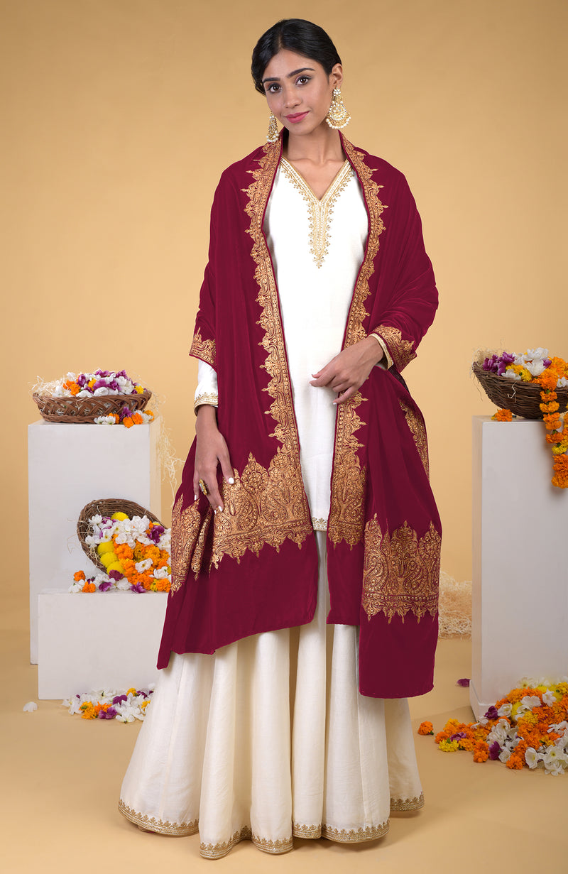 Claret Kashmiri Tilla Embroidered Dupatta Shawl