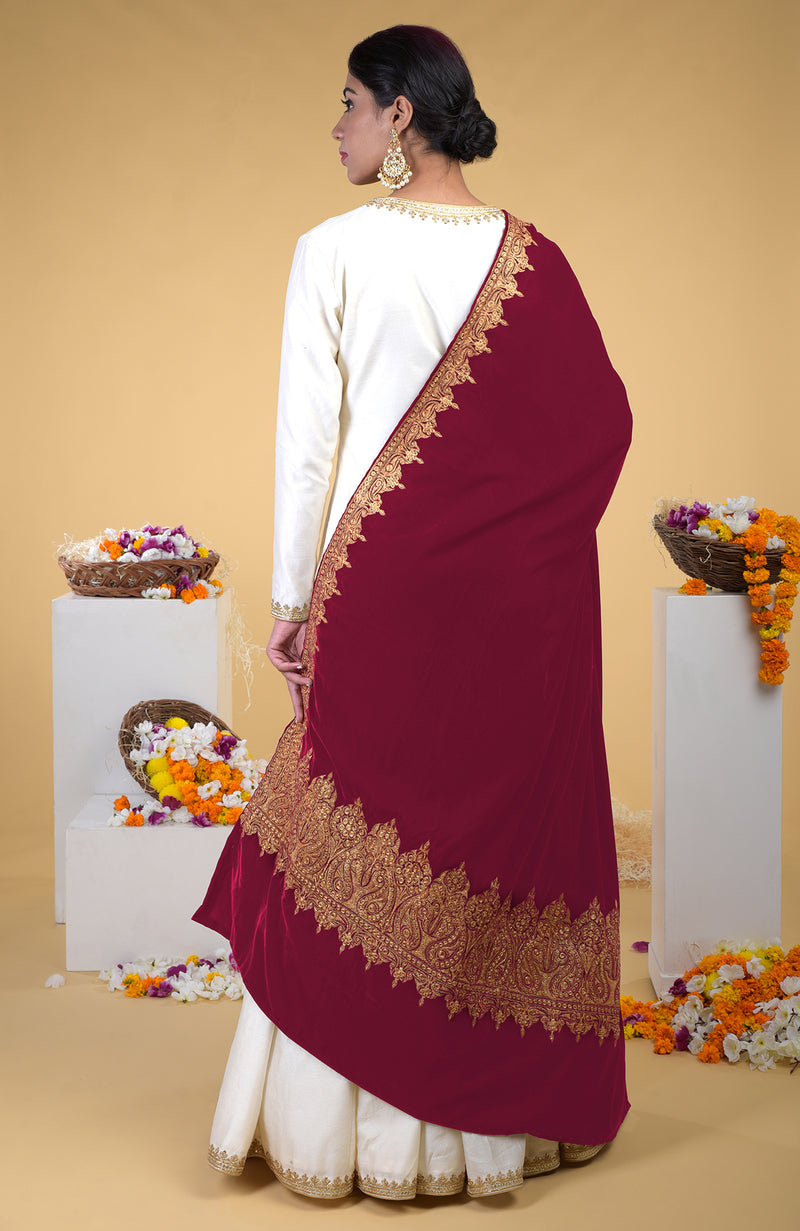 Claret Kashmiri Tilla Embroidered Dupatta Shawl