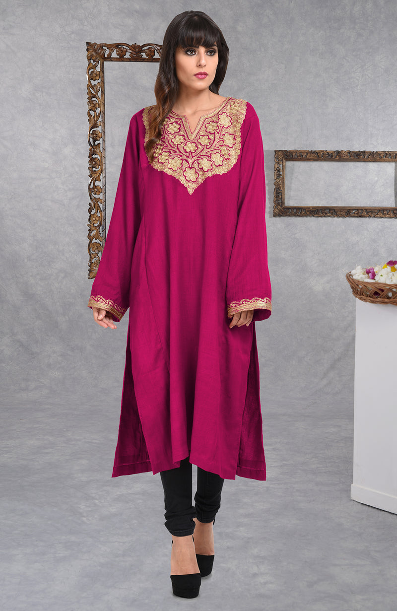 Fuchsia Pure Wool Crepe Floral Tilla Aari Embroidered Phiran