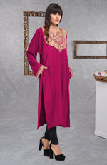 Fuchsia Pure Wool Crepe Floral Tilla Aari Embroidered Phiran