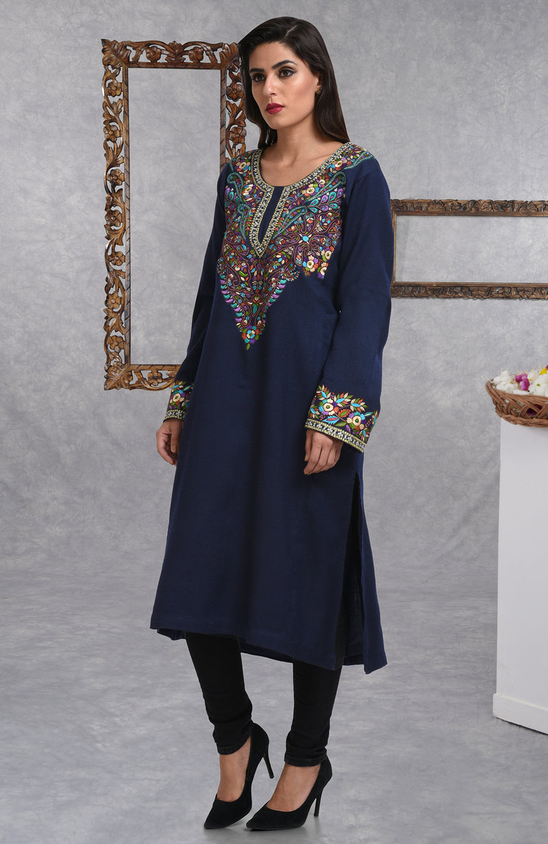 Navy Blue Pure Wool Crepe Floral Resham-Papier Mache-Tilla Embroidered Phiran