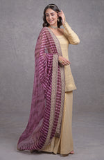 Burgundy Purple Leheriya Rosegold Tilla Embroidered Dupatta