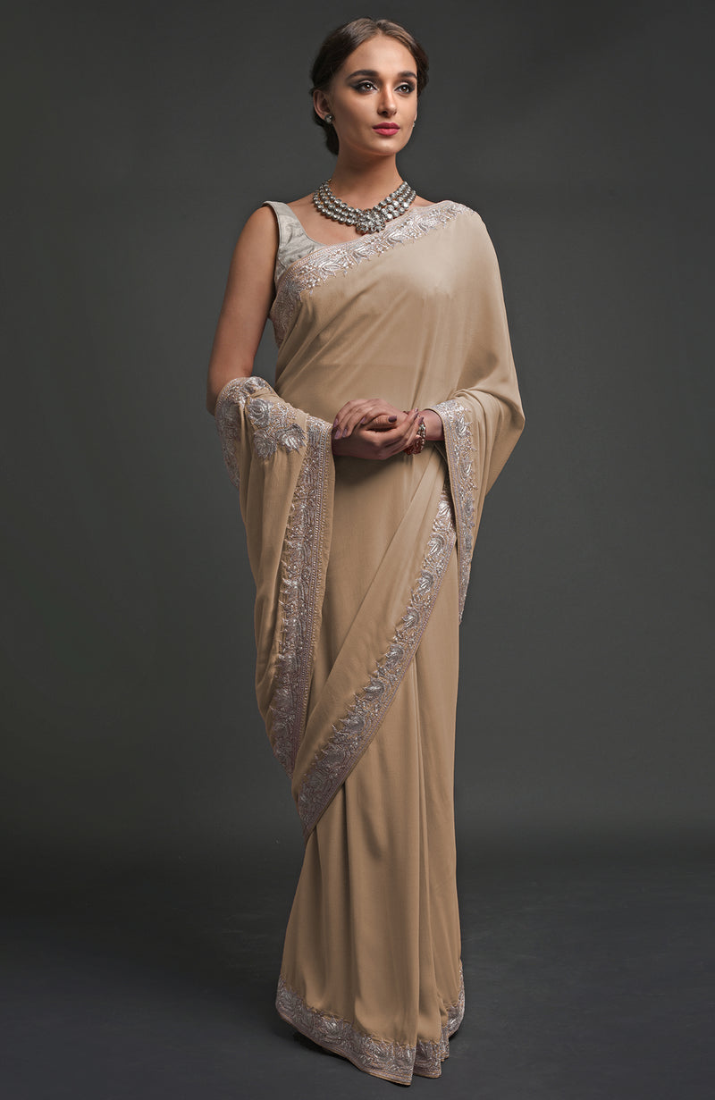 Beige Kashmiri Tilla Embroidered Georgette Saree