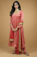 Coral Orange Leheriya-Tilla Embroidered Dupatta With Anarkali Set