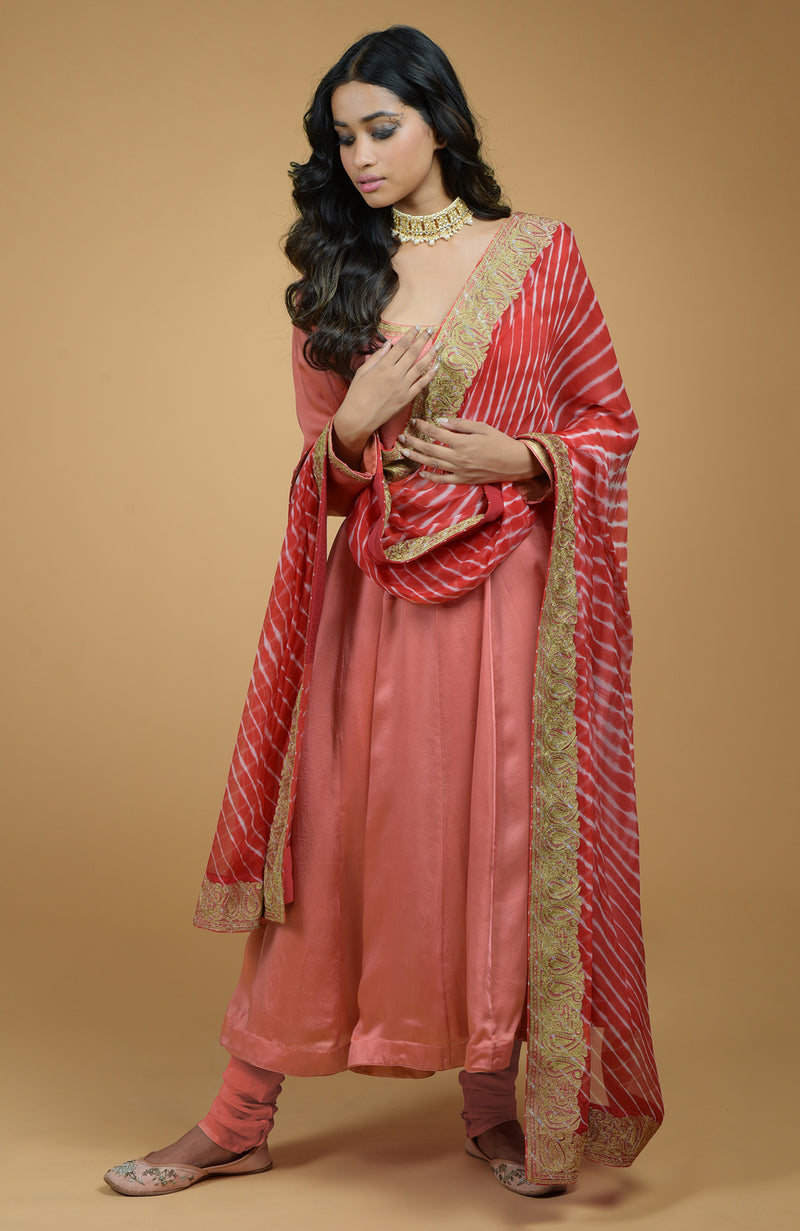 Coral Orange Leheriya-Tilla Embroidered Dupatta With Anarkali Set