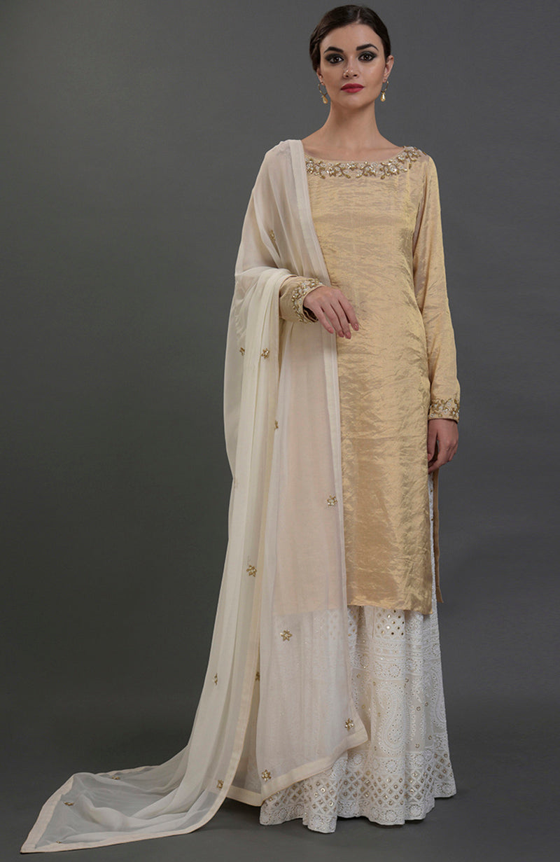 Ivory-Gold Silk Tissue and Chikankari Hand Embroidered Sharara Set