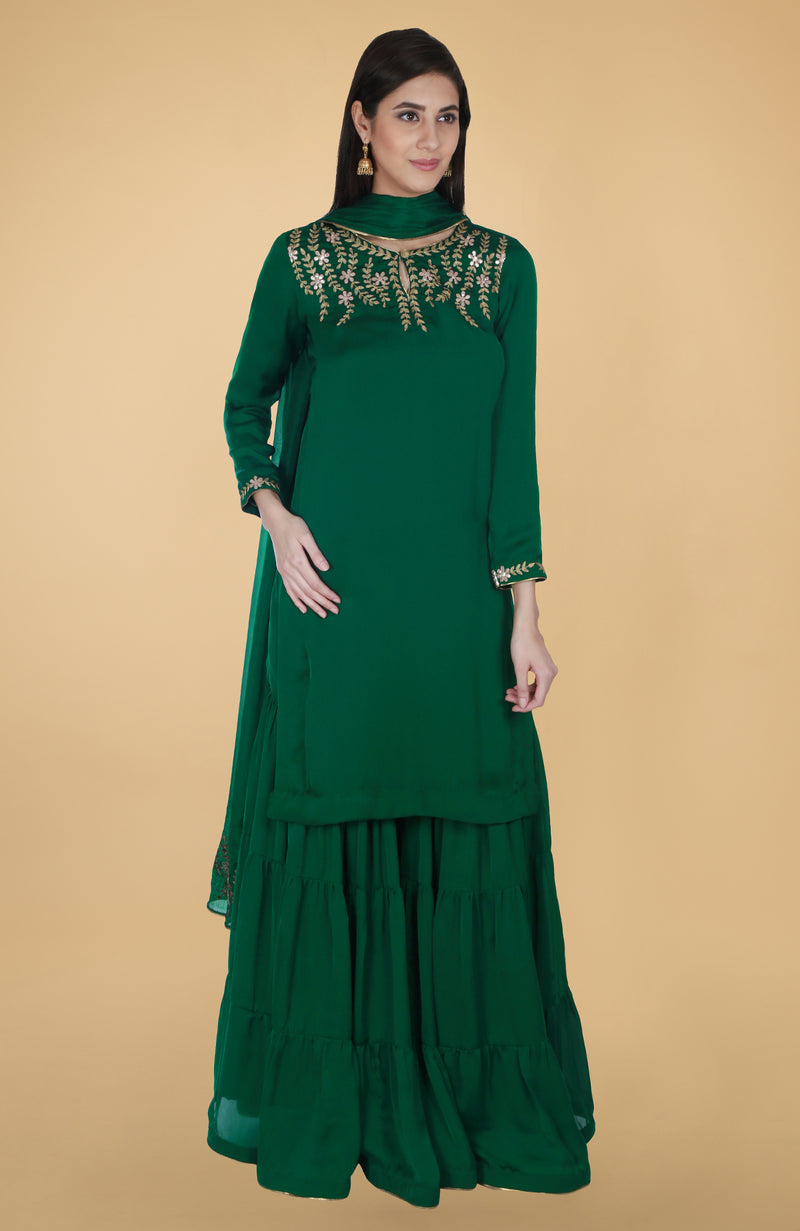 Emerald Green Gota Patti Hand Embroidered Gharara Suit – Talking