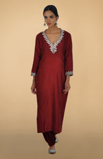 Burgundy Kashmiri Tilla Aari Embroidered Kurta Set