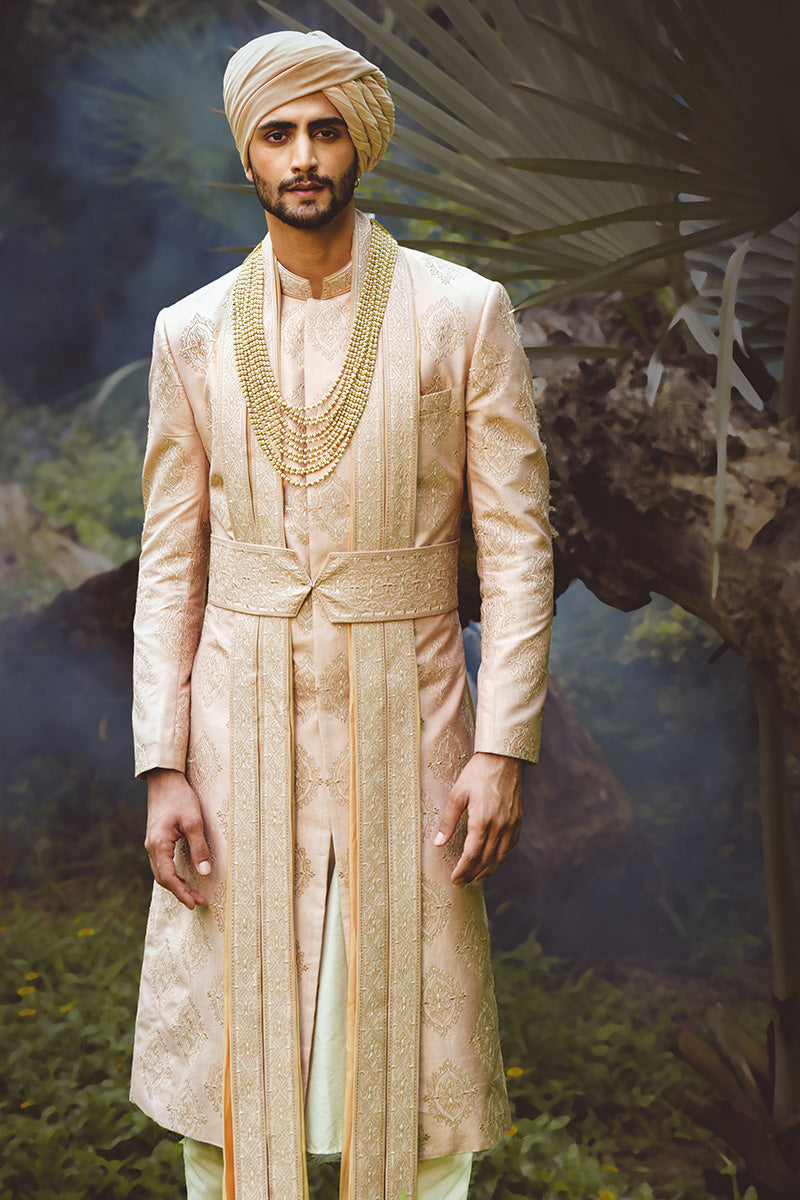 Love Comes Quietly Beige Rose Embroidered Sherwani Set