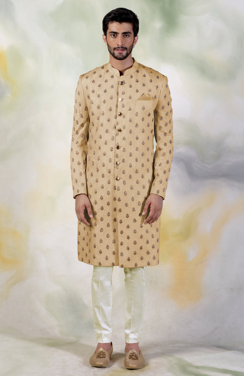 Gold Pintuck Zardozi Embroidered Sherwani Set