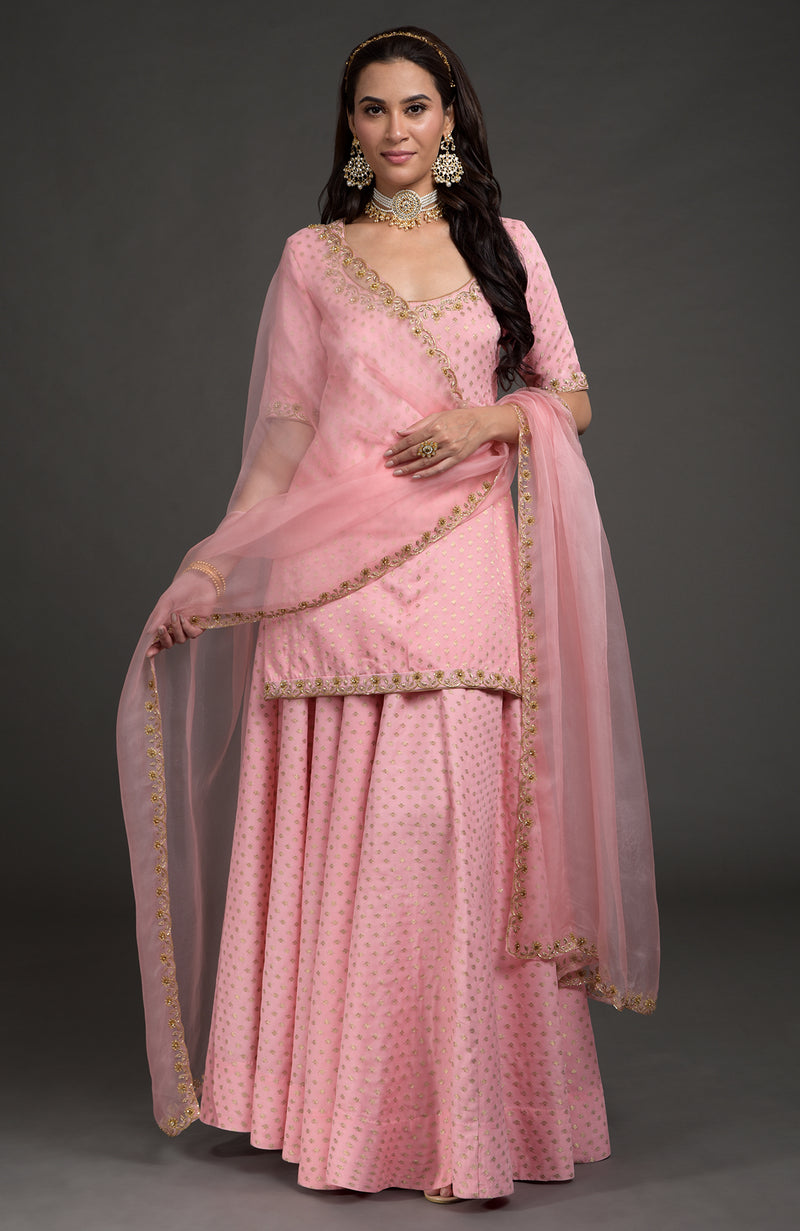 Strawberry Pink Benarasi zardozi embroidered lehenga set