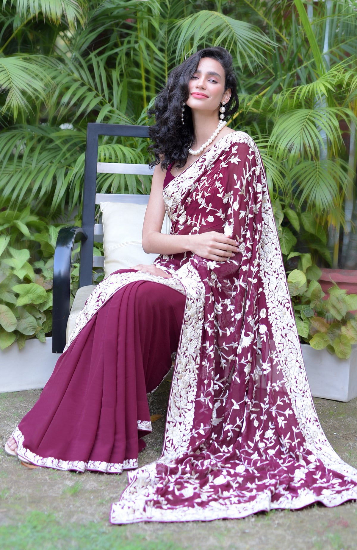 Burgundy Embroidered Saree