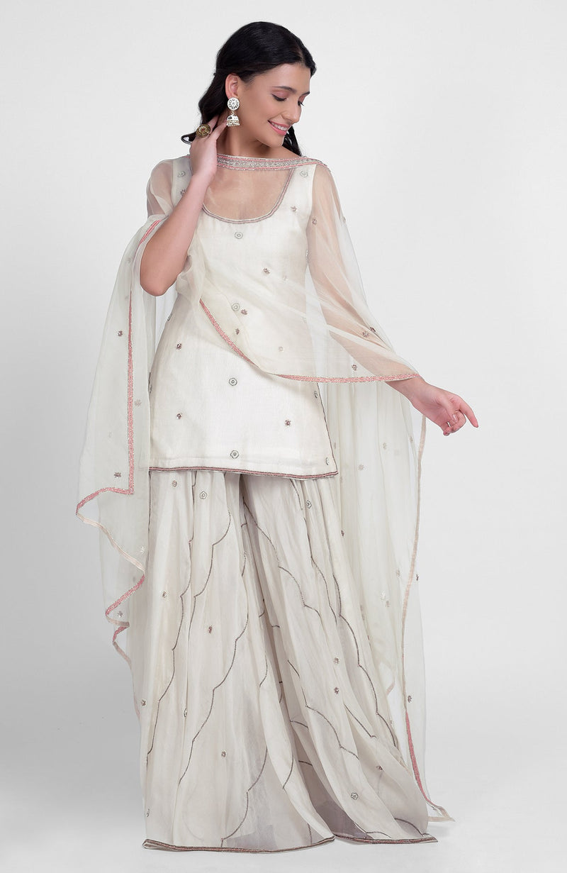 Off-White Hand Embroidered Sharara Set with Cape Dupatta