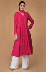 Hot Pink Scarf Neck Pleated Pure Crepe Kurta Set