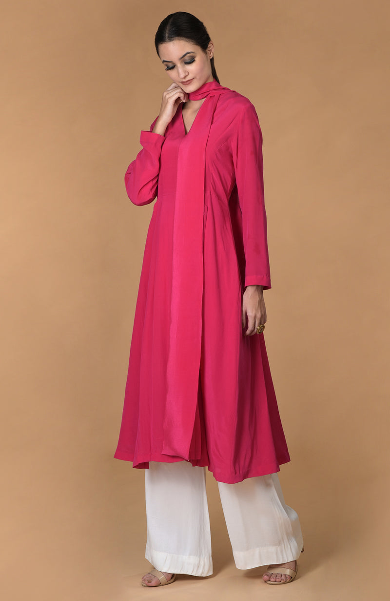 Hot Pink Scarf Neck Pleated Pure Crepe Kurta Set