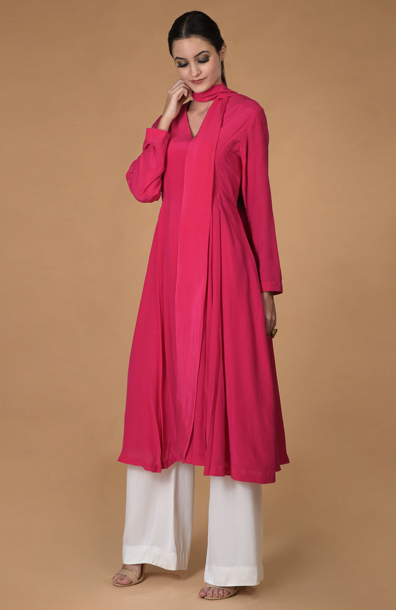 Hot Pink Scarf Neck Pleated Pure Crepe Kurta Set