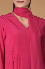 Hot Pink Scarf Neck Pleated Pure Crepe Kurta Set