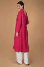 Hot Pink Scarf Neck Pleated Pure Crepe Kurta Set