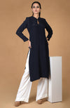 Navy Blue Pure Crepe Seamless Keyhole Neckline Kurta Set