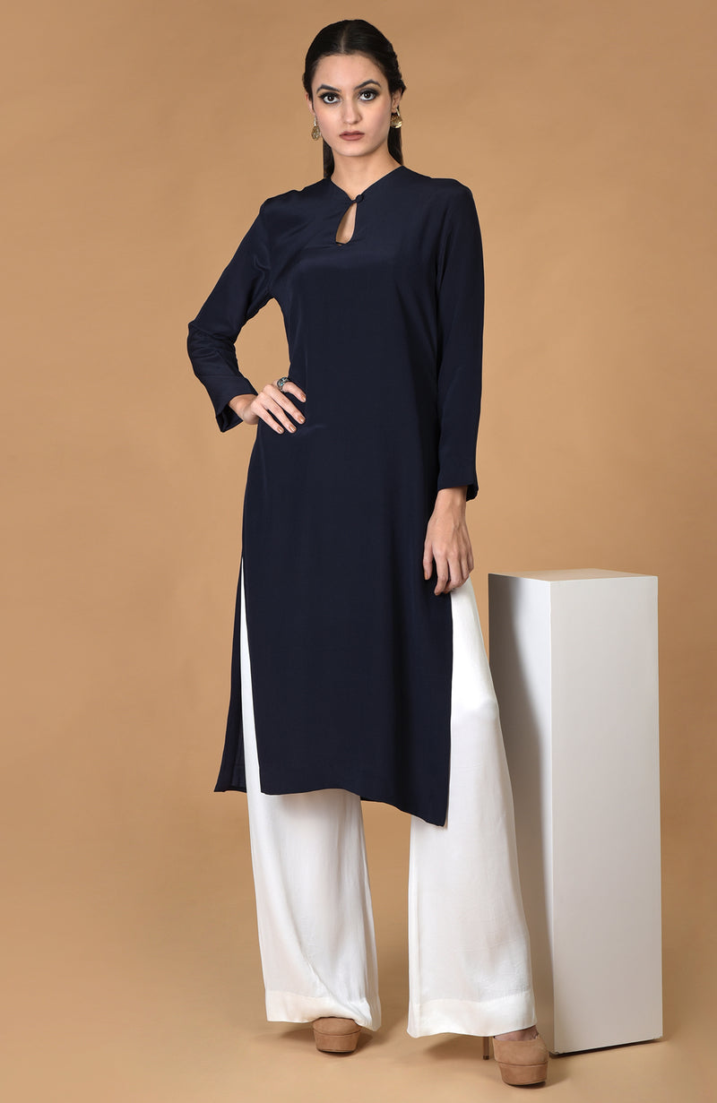 Navy Blue Pure Crepe Seamless Keyhole Neckline Kurta Set