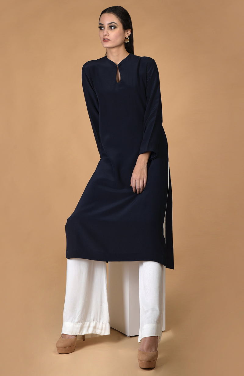 Navy Blue Pure Crepe Seamless Keyhole Neckline Kurta Set