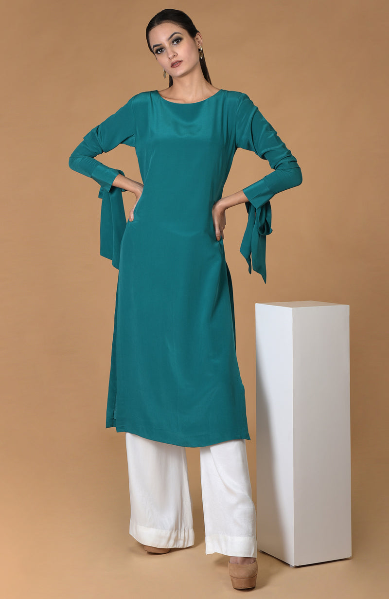 Teal Pure Crepe Bow-Tie Sleeves Kurta