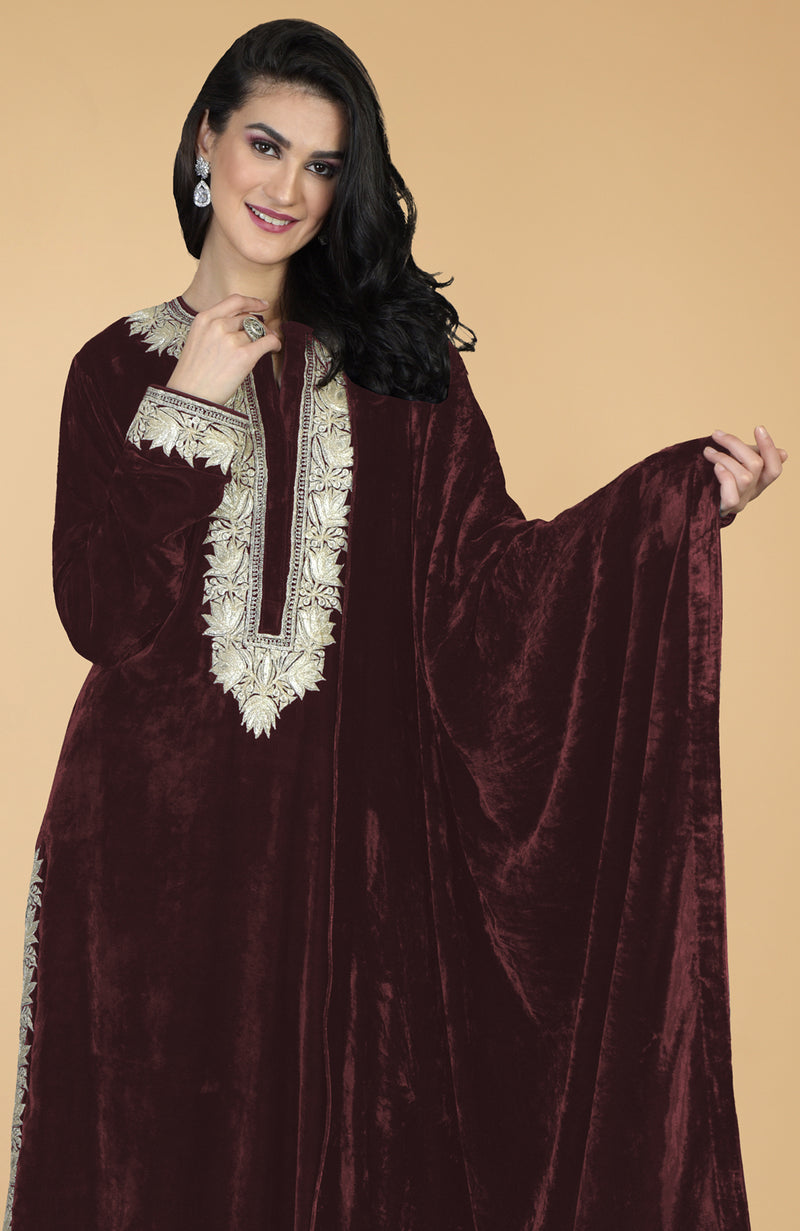 Marsala Silk Velvet Kashmiri Tilla Embroidered Kurta Set With Dupatta