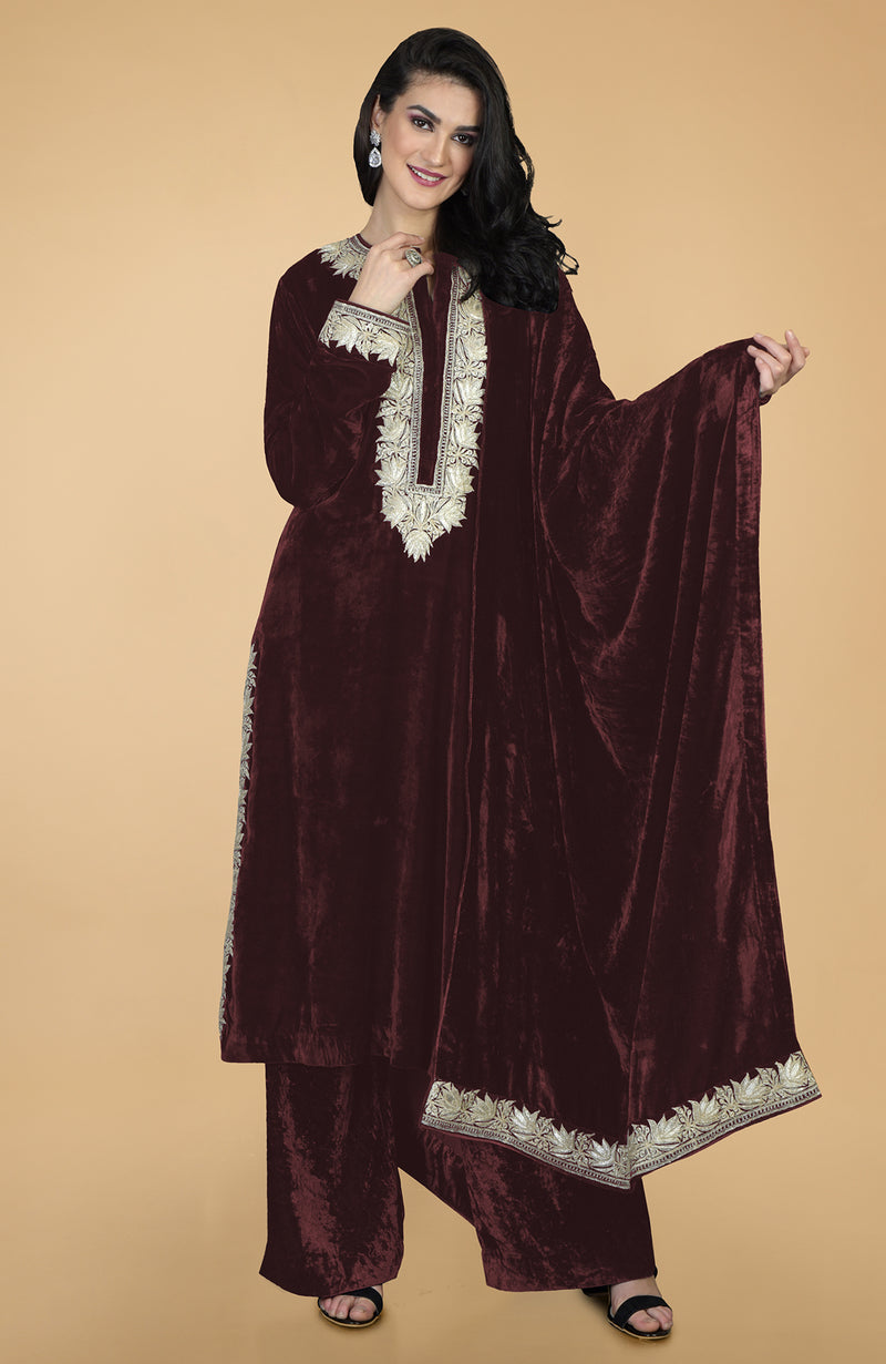 Marsala Silk Velvet Kashmiri Tilla Embroidered Kurta Set With Dupatta