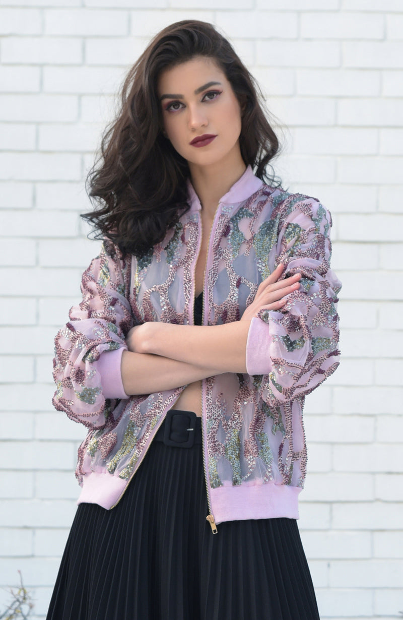 Pink Mussel Camo Sequined Bomber Jacket – Talking Threads